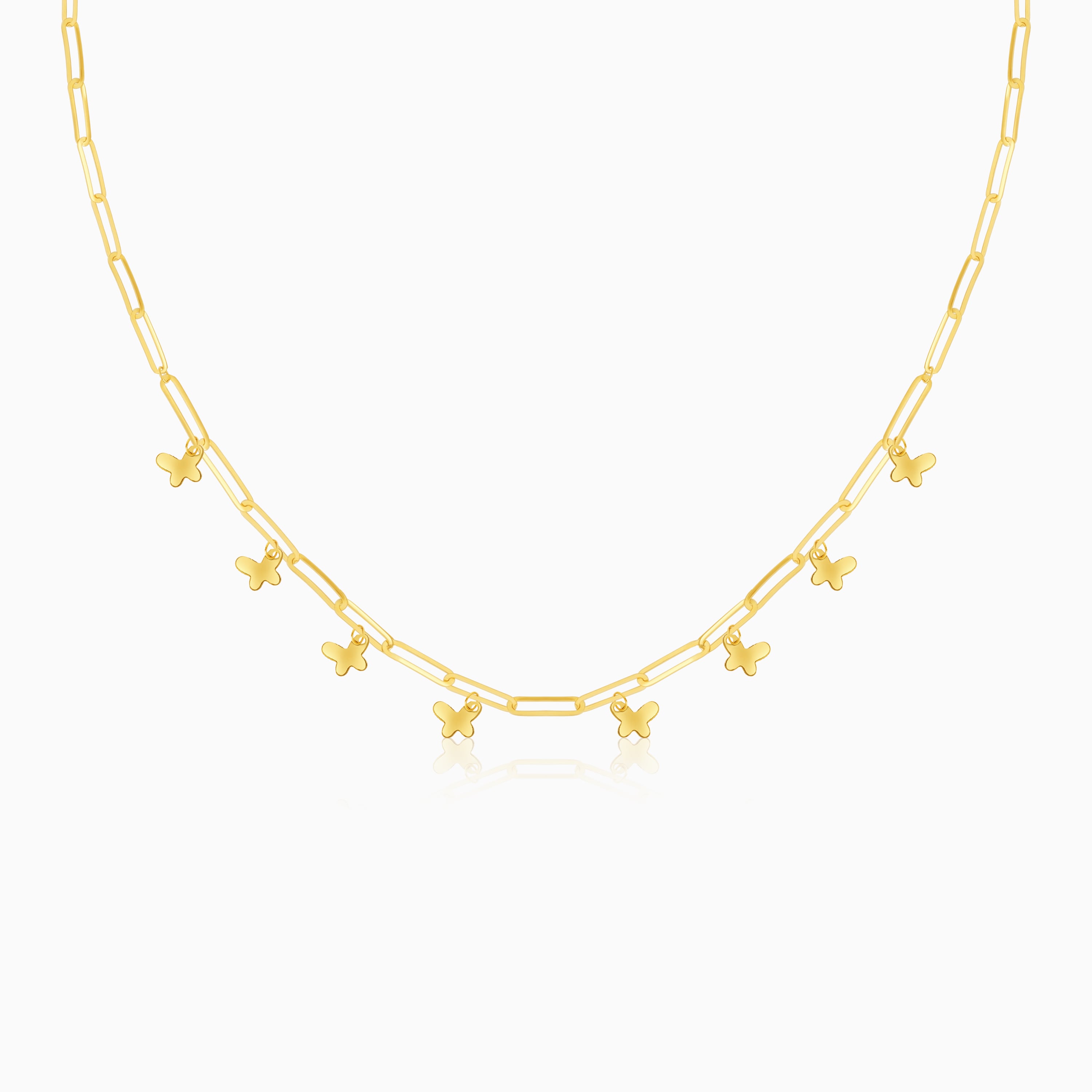 Rectangular Paperclip Necklace in 18k yellow gold with hanging butterf ...
