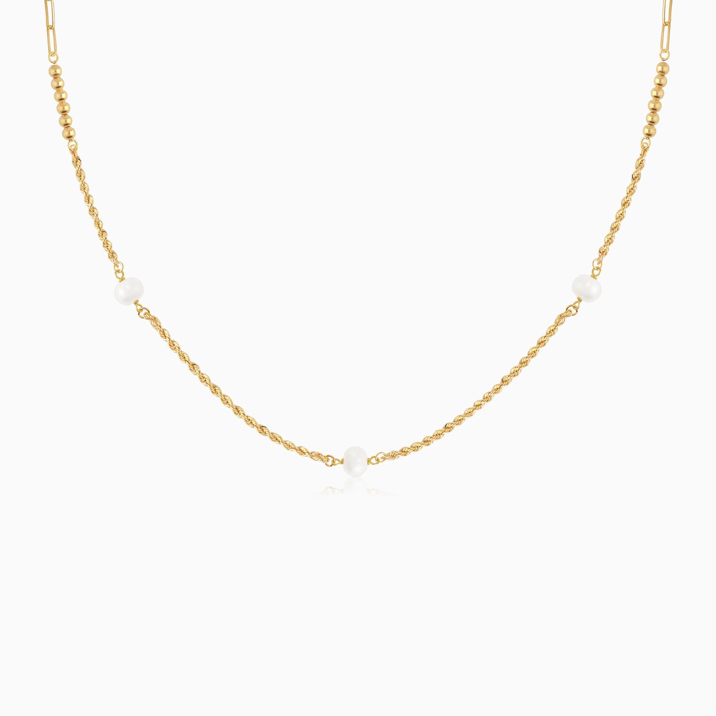 سلسلة متعددة الأنواع مرصعة باللؤلؤ الأبيض من الذهب الأصفر عيار 18 قيراطًا