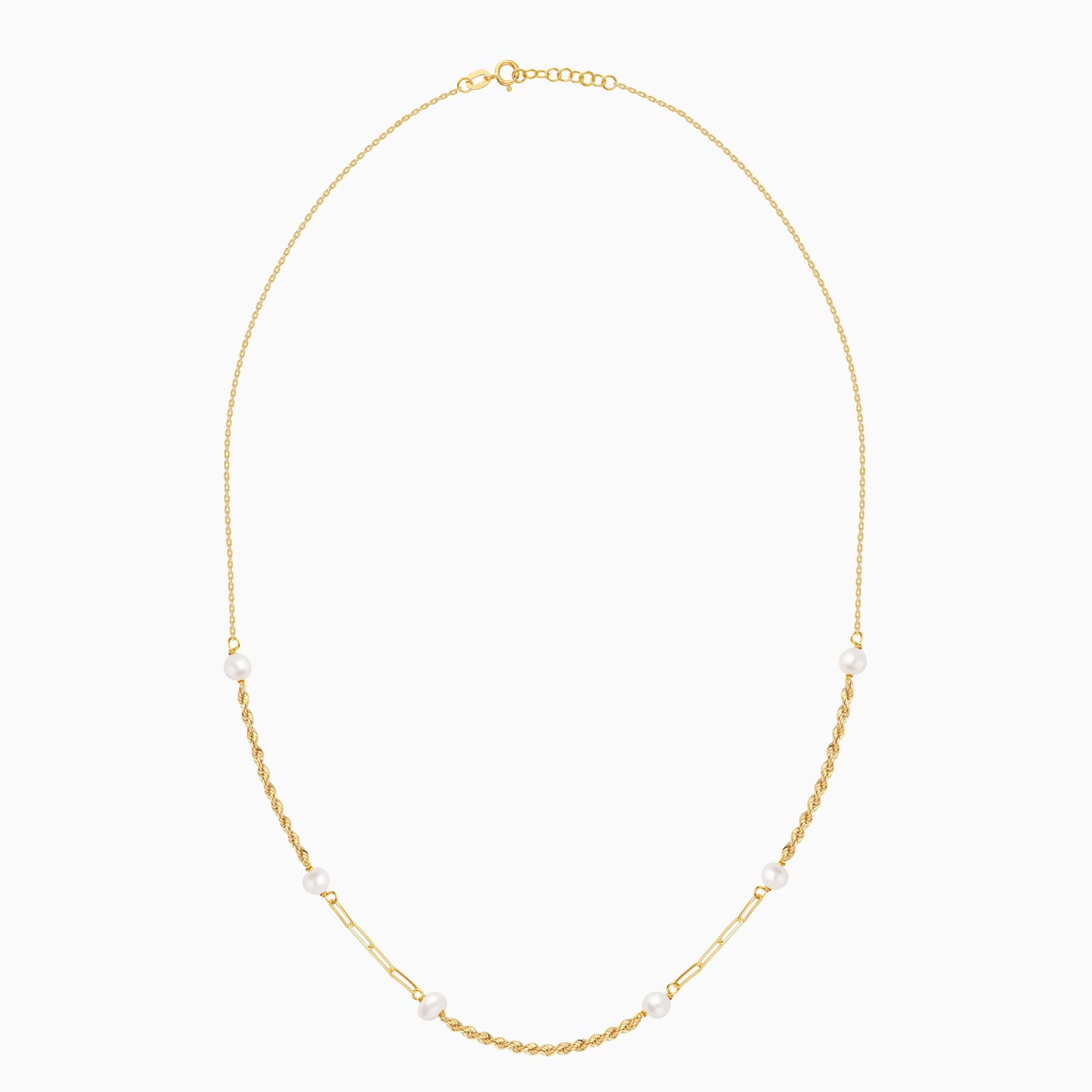 قلادة من الذهب الأصفر عيار 18 قيراطًا بتصميم حبل خفيف ومشابك ورق ولآلئ