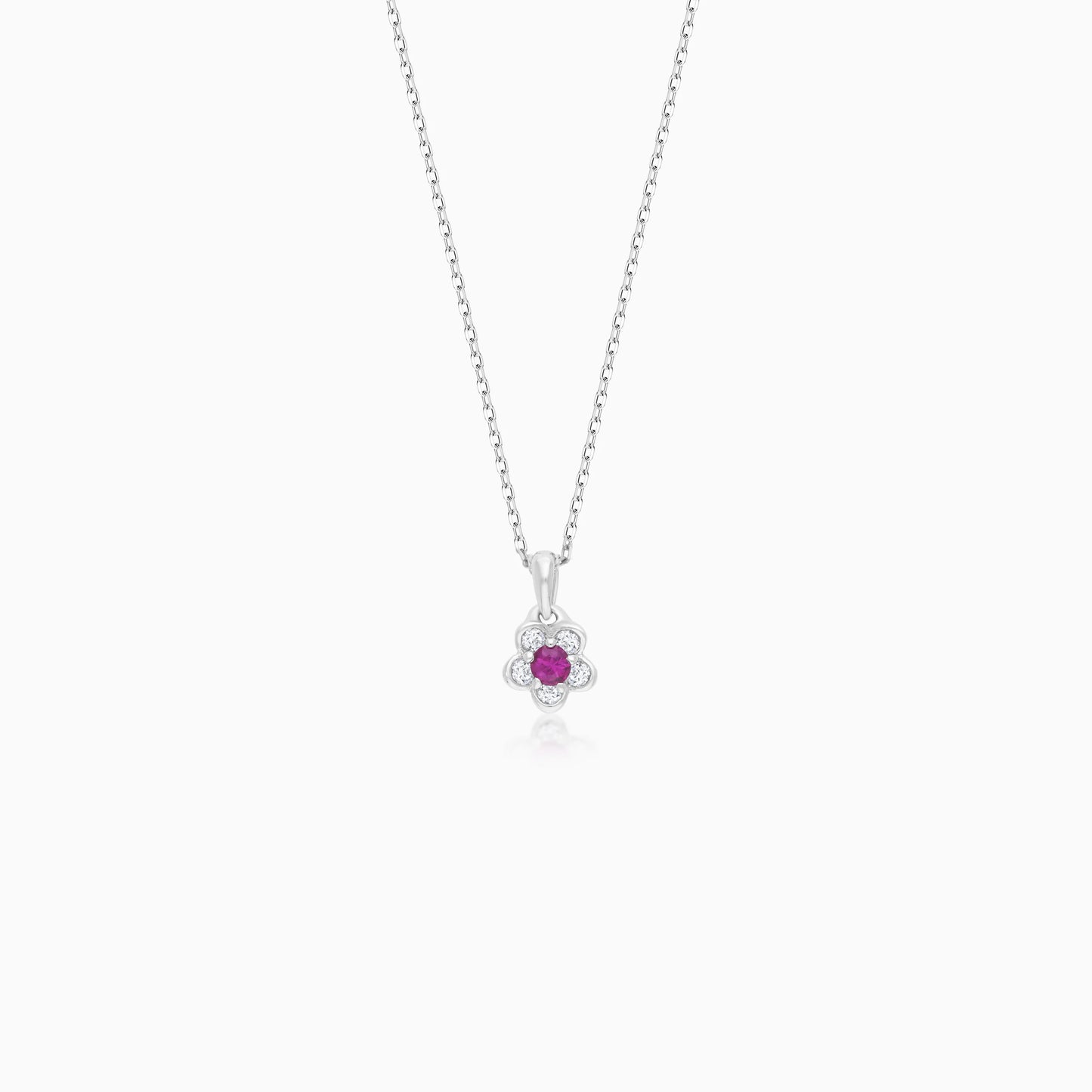 18K White Gold Necklace with a Flower-Shaped Pendant Decorated with a Ruby Stone and Surrounded by Natural Diamonds - Colori Collection