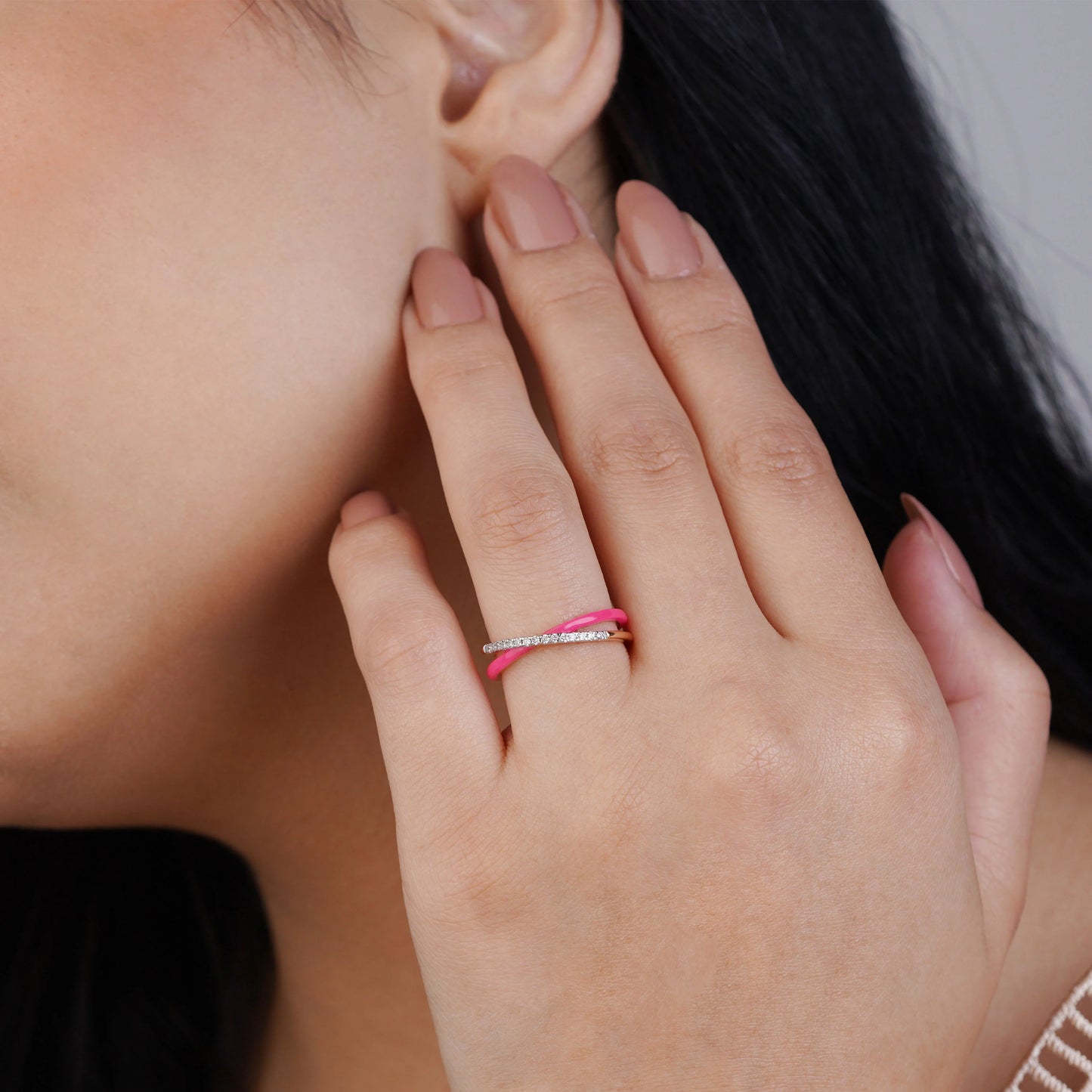 18k Rose Gold Ring with Diamonds and Pink Ceramic