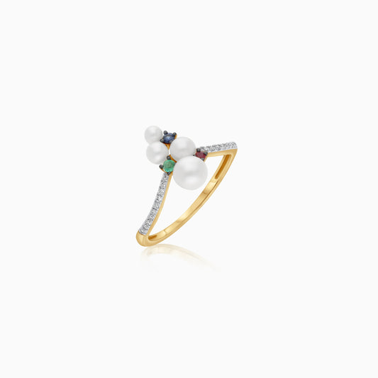 18k yellow gold ring, half eternity, natural diamonds decorated with pearls and Natural Emerald,Blue Sapphire, Ruby | Danah Collection