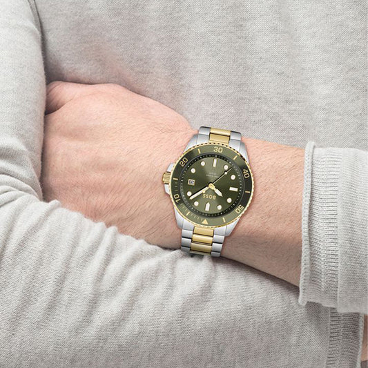 Boss Watch Quartz Movement In A Round Case With Multicolor Stainless Steel Bracelet And Green Dial