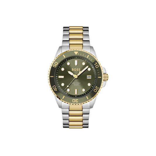 Boss Watch Quartz Movement In A Round Case With Multicolor Stainless Steel Bracelet And Green Dial