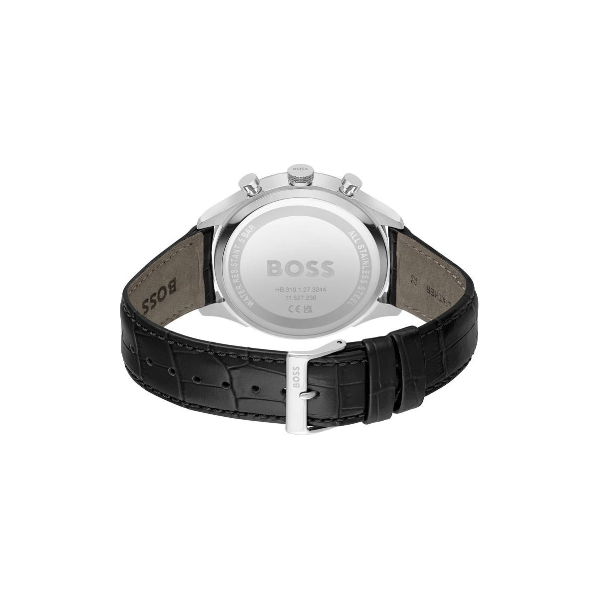 Boss Watch Quartz Movement In A Round Case With Black Leather Strap And Black Dial