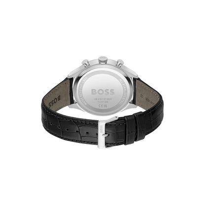 Boss Watch Quartz Movement In A Round Case With Black Leather Strap And Black Dial