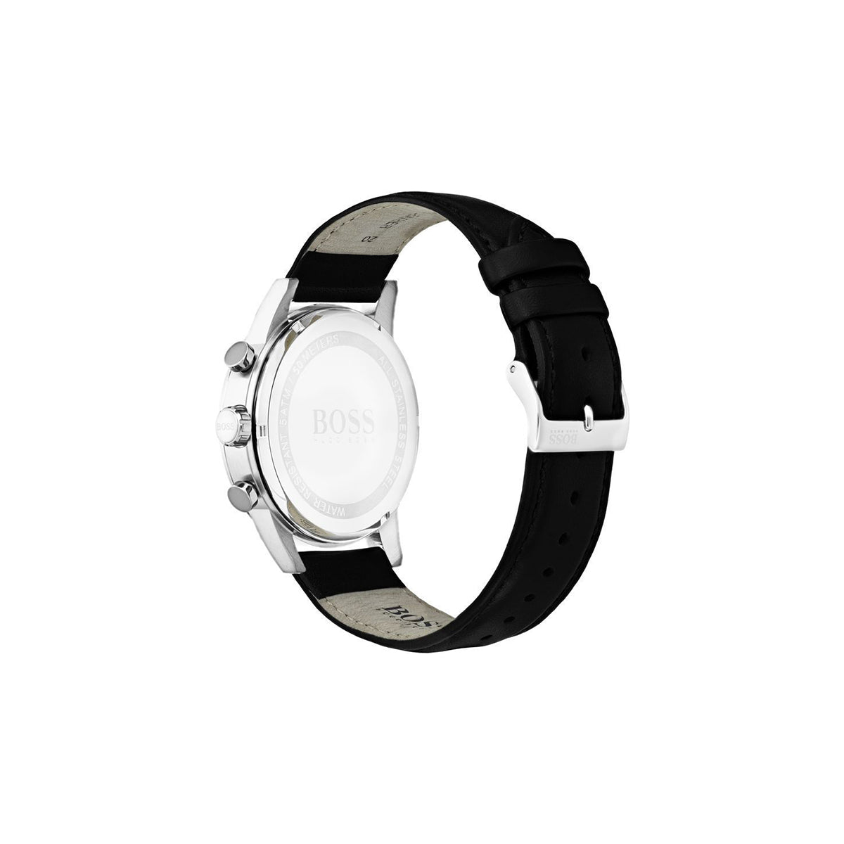 Boss Watch Quartz movement in a Round case with Black Leather Strap and Black Dial