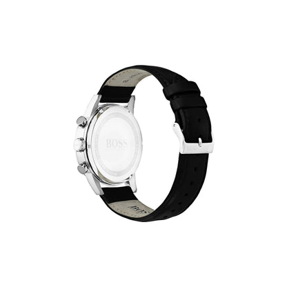 Boss Watch Quartz movement in a Round case with Black Leather Strap and Black Dial