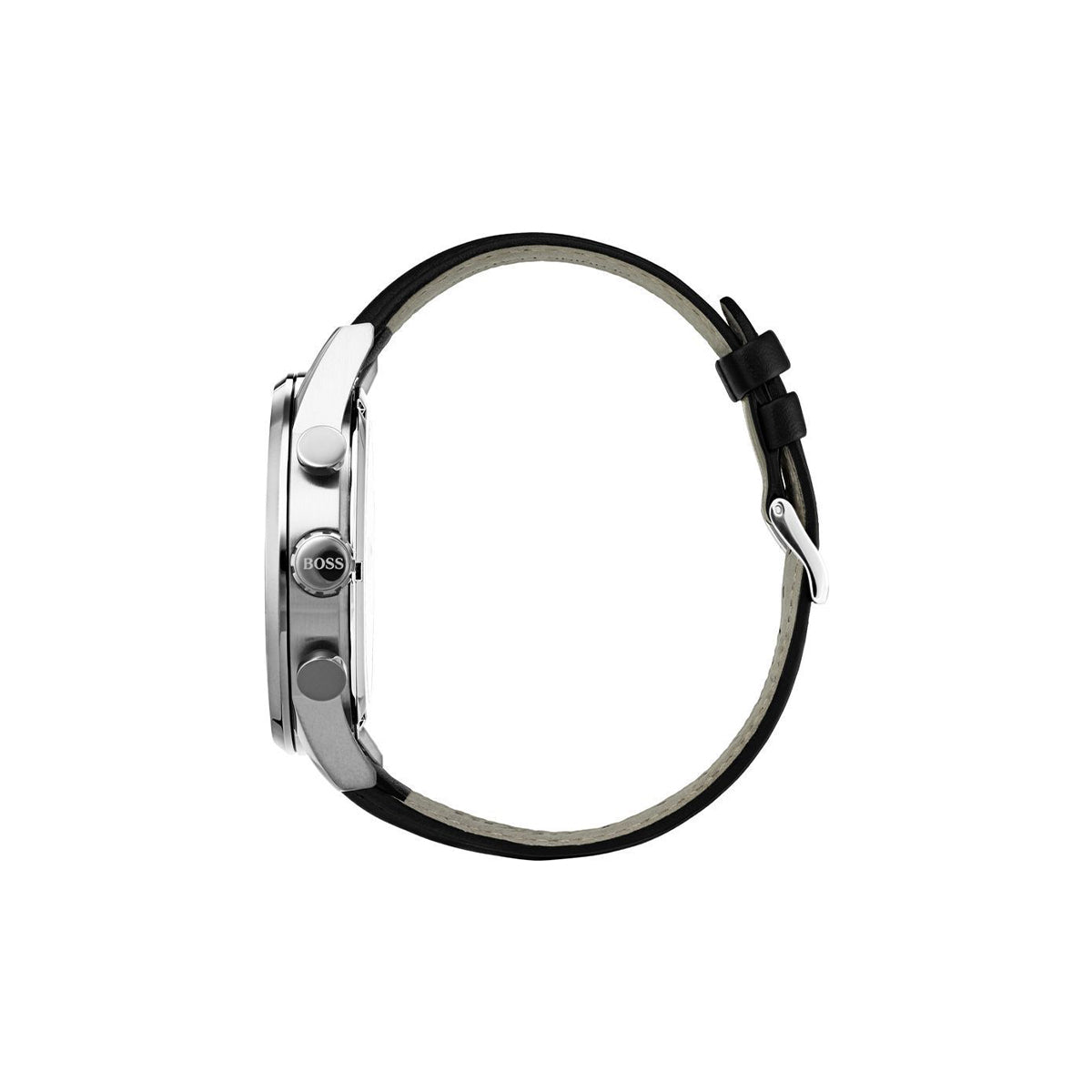 Boss Watch Quartz movement in a Round case with Black Leather Strap and Black Dial
