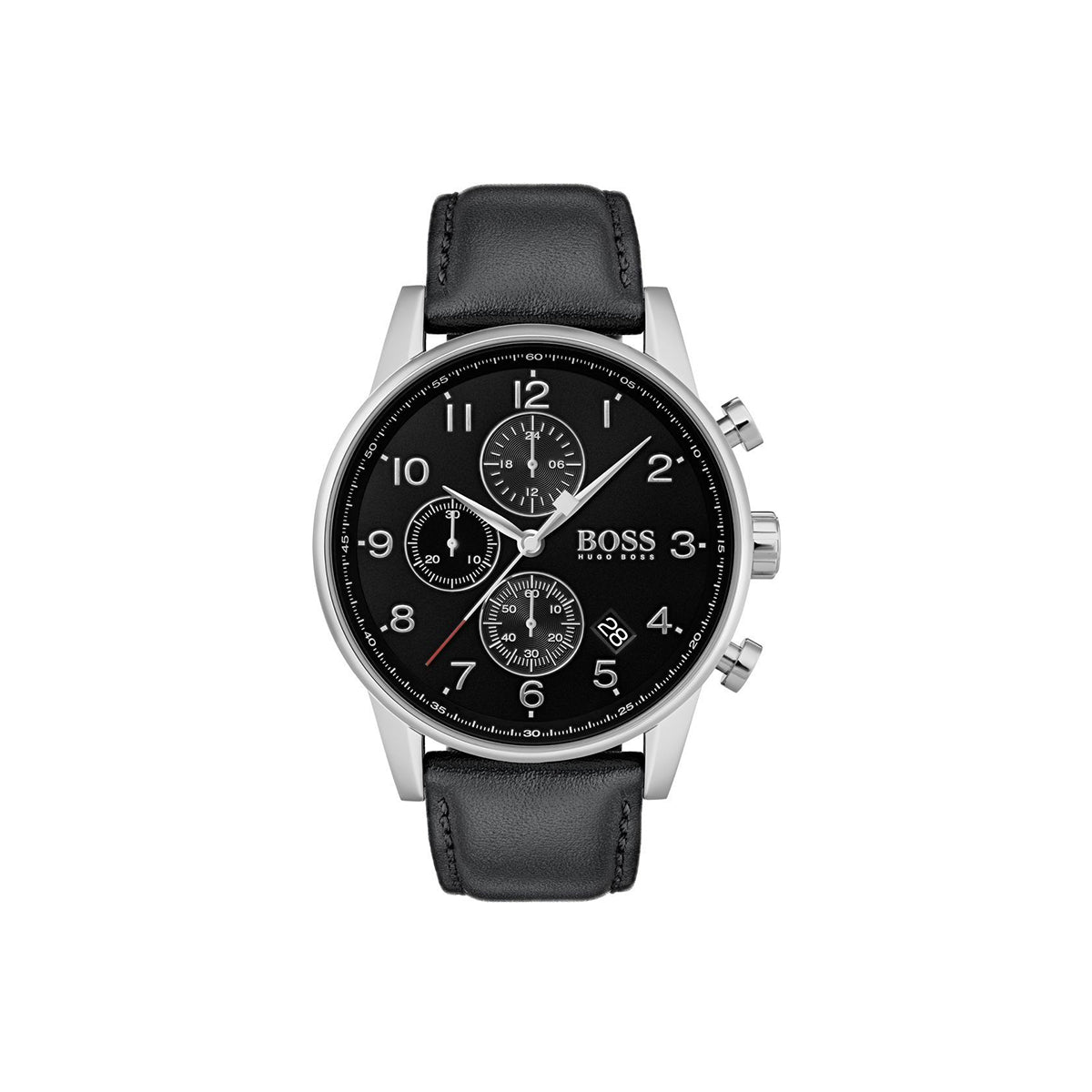 Boss Watch Quartz movement in a Round case with Black Leather Strap and Black Dial