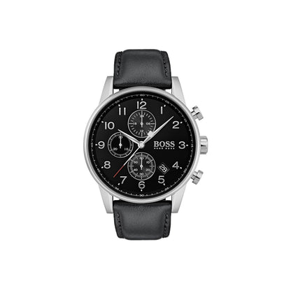 Boss Watch Quartz movement in a Round case with Black Leather Strap and Black Dial