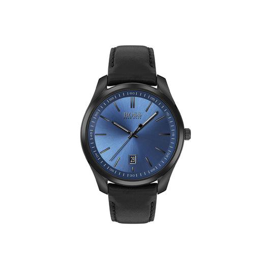 Boss Watch Quartz movement in a Round case with Black Leather Strap and Blue Dial