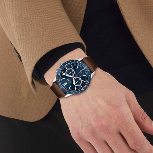 Boss Watch Quartz movement in a Round case with Brown Leather Strap and Blue Dial