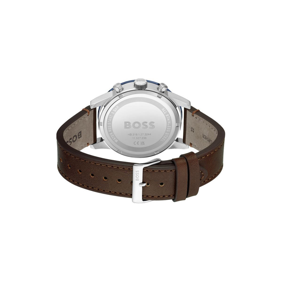 Boss Watch Quartz movement in a Round case with Brown Leather Strap and Blue Dial