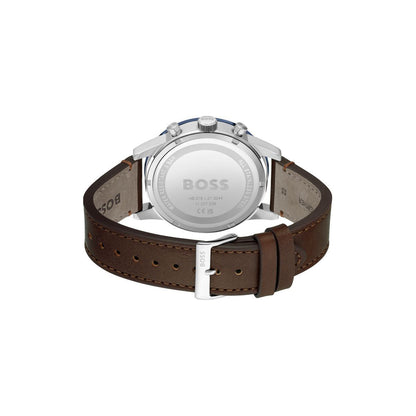 Boss Watch Quartz movement in a Round case with Brown Leather Strap and Blue Dial