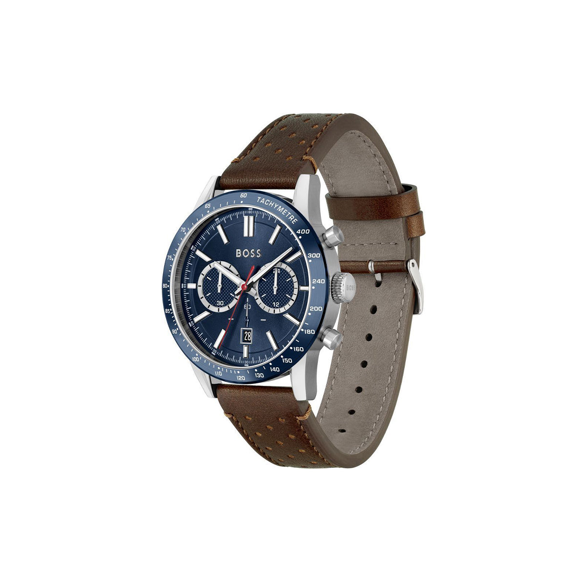 Boss Watch Quartz movement in a Round case with Brown Leather Strap and Blue Dial