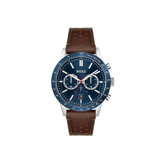 Boss Watch Quartz movement in a Round case with Brown Leather Strap and Blue Dial