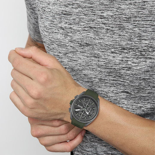 Boss Watch Quartz movement in a Round case with Green Silicone Strap and Grey Dial