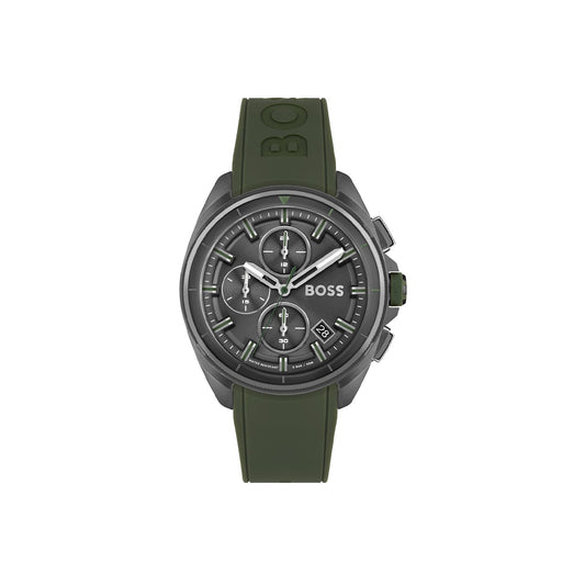 Boss Watch Quartz movement in a Round case with Green Silicone Strap and Grey Dial