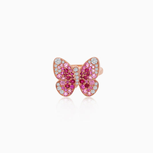 18K Rose Gold Ring Butterfly Natural Pink Sapphire, Ruby and Diamonds