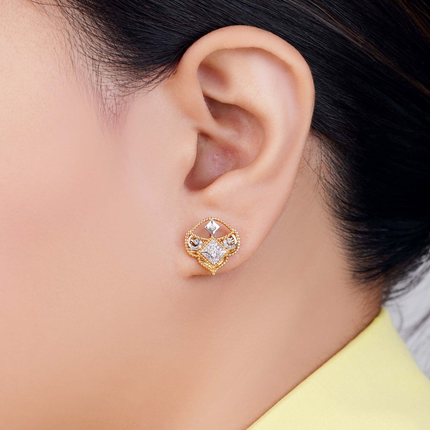 18k Yellow  and white Gold Diamond-Studded Earrings I Shnaf Collection