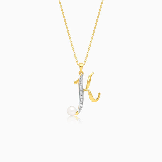 18k yellow gold chain with pendant of letter “k” decorated with natural diamond and pearl