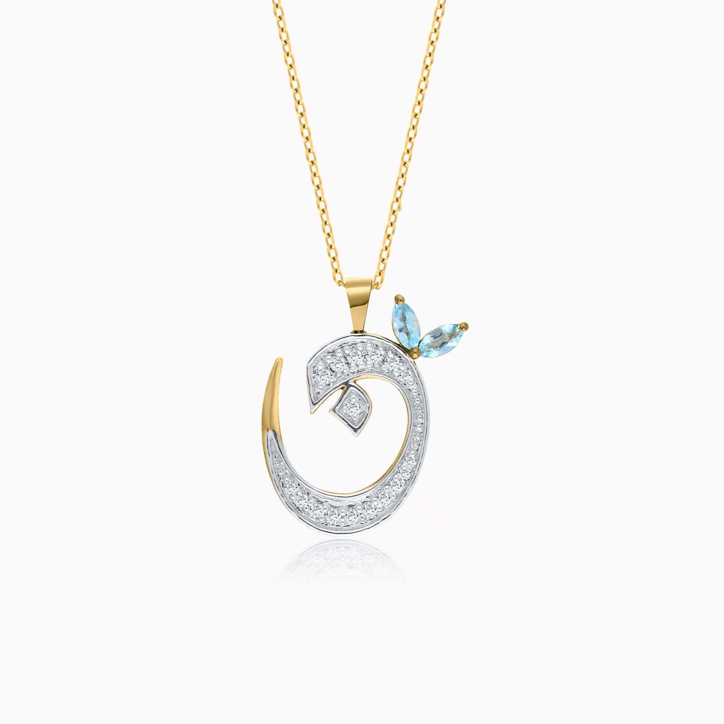 18k Yellow Gold 'Noon' Arabic Letter Necklace with Diamonds & Blue Topaz | Horoufi Diamond Collection