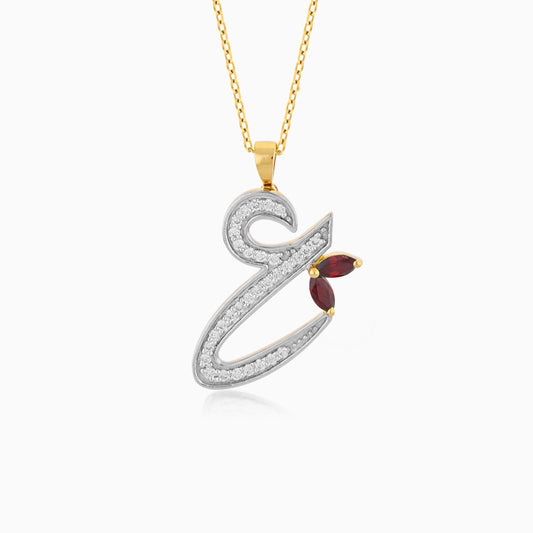 18k yellow gold ‘Ain’ arabic letter necklace decorated With Natural Diamond and garnet stones