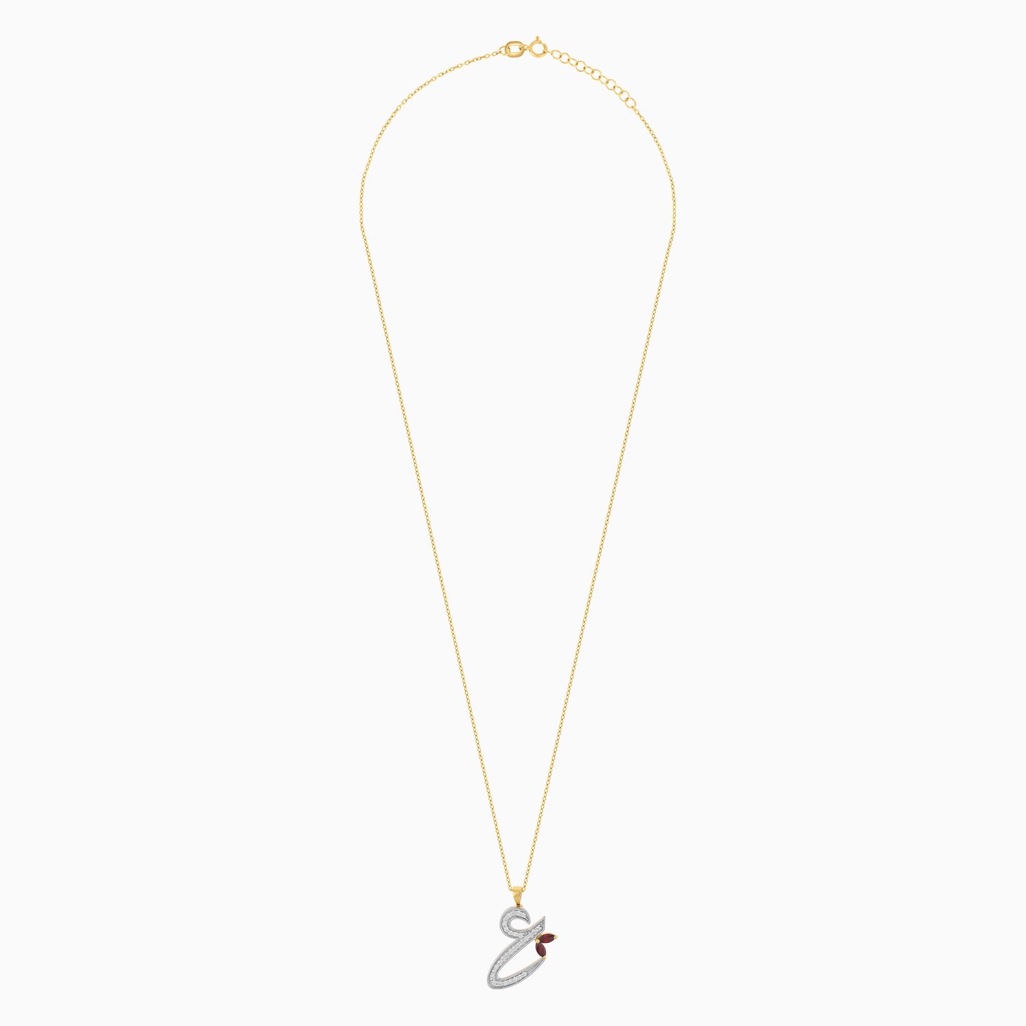 18k yellow gold ‘Ain’ arabic letter necklace decorated With Natural Diamond and garnet stones