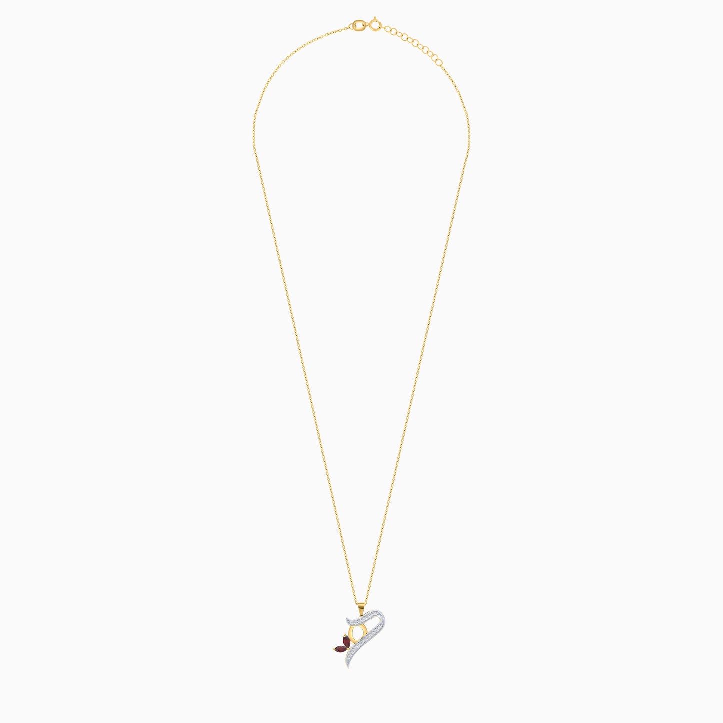18k Yellow Gold ‘Haa’ Arabic Letter Necklace with Diamonds & Garnet | Horoufi Diamond Collection