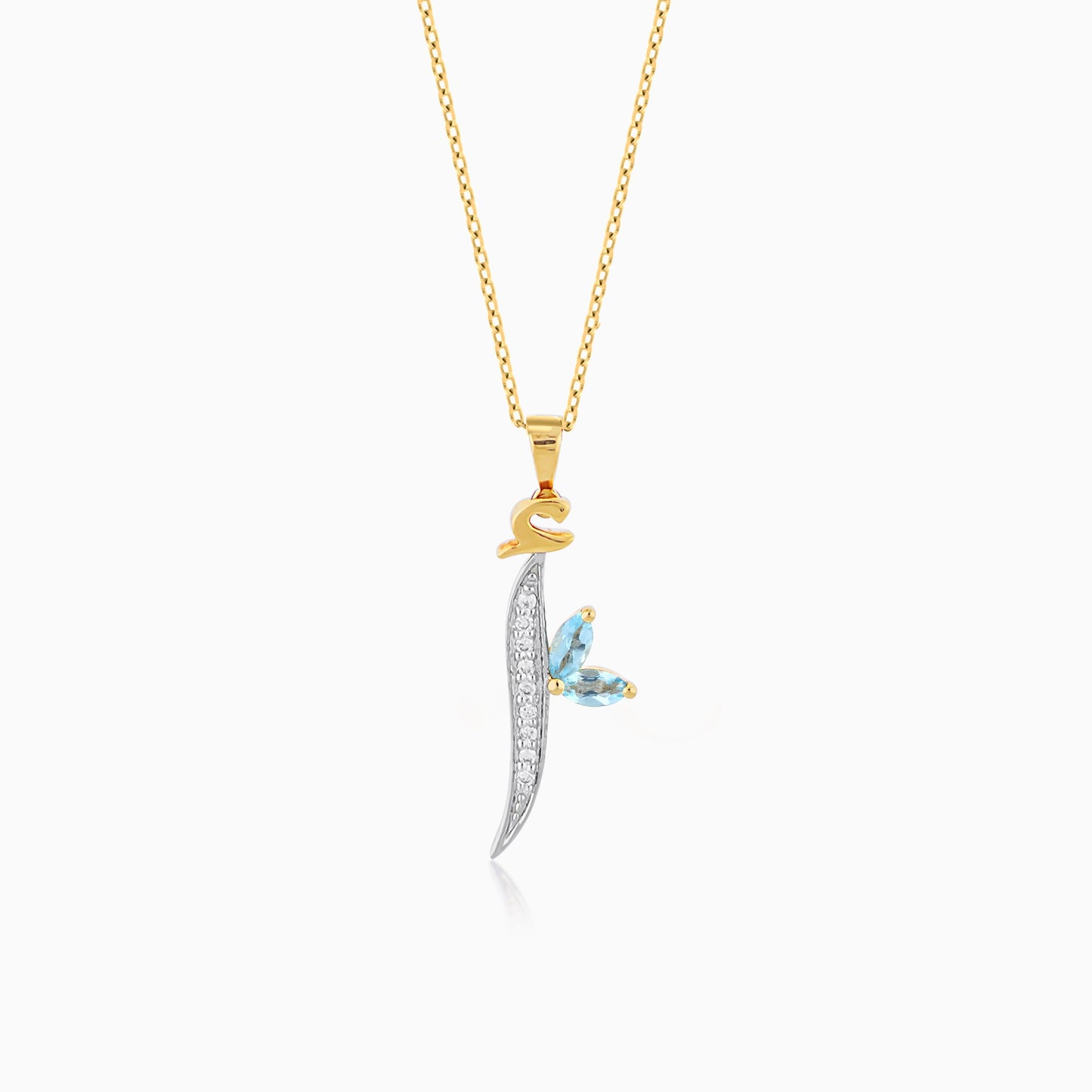 18k Yellow Gold 'ALIF' Arabic Letter Necklace with Natural Diamonds & Blue Topaz | Horoufi Diamond Collection