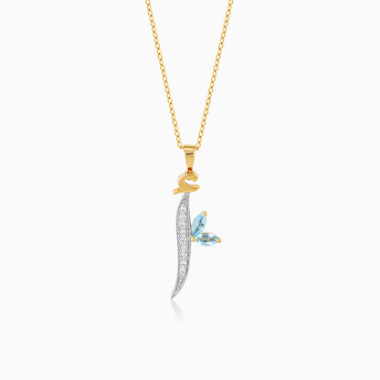 18k Yellow Gold 'ALIF' Arabic Letter Necklace with Natural Diamonds & Blue Topaz | Horoufi Diamond Collection