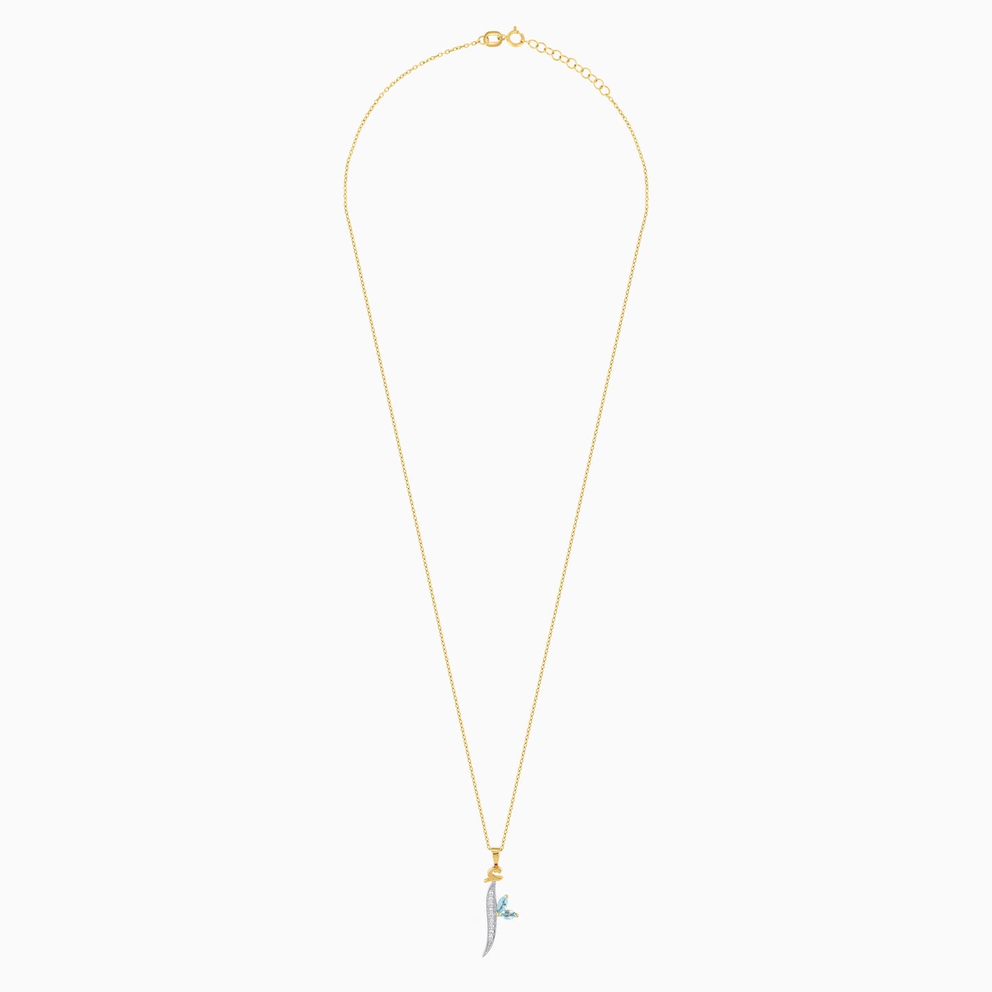 18k Yellow Gold 'ALIF' Arabic Letter Necklace with Natural Diamonds & Blue Topaz | Horoufi Diamond Collection