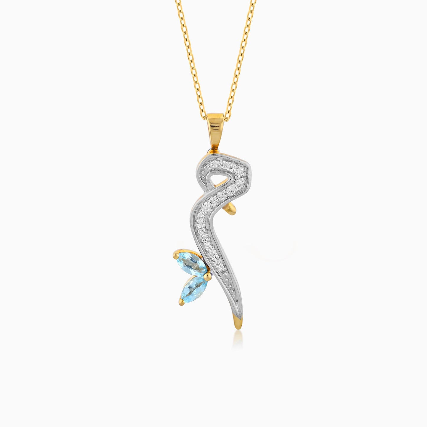18K Yellow Gold ‘Meem’ Arabic Letter Necklace with Natural Diamond & Blue Topaz | Horoufi Diamond Collection