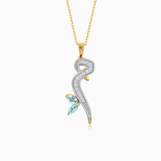18K Yellow Gold ‘Meem’ Arabic Letter Necklace with Natural Diamond & Blue Topaz | Horoufi Diamond Collection