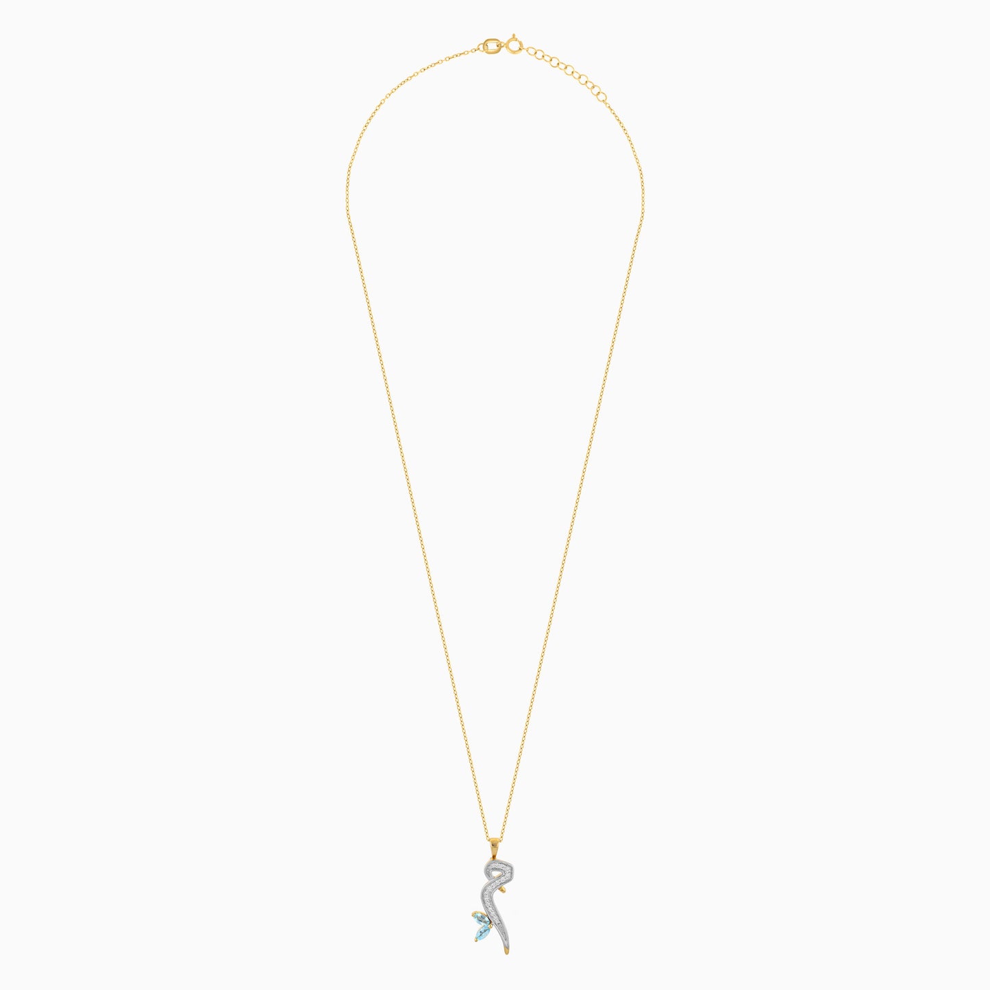 18K Yellow Gold ‘Meem’ Arabic Letter Necklace with Natural Diamond & Blue Topaz | Horoufi Diamond Collection