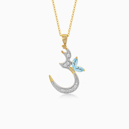 18k Yellow Gold 'Seen' Arabic Necklace with Diamonds & Blue Topaz | Horoufi Diamond Collection