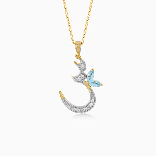 18k Yellow Gold 'Seen' Arabic Letter Necklace decorated with natural diamond and blue topaz stones