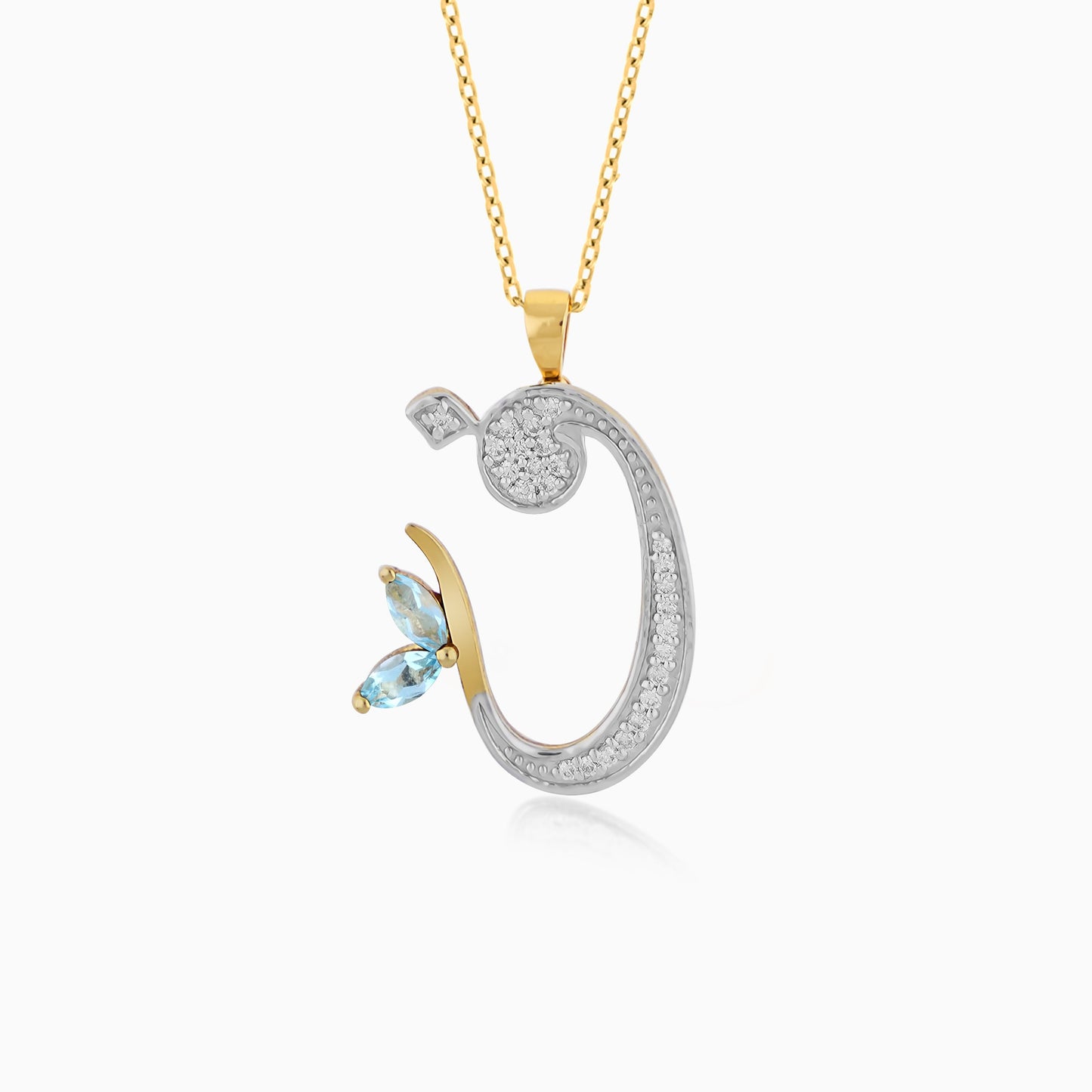 18k Yellow Gold ‘FAA’ Arabic Letter Necklace with Natural Diamonds & Blue Topaz | Horoufi Diamond Collection