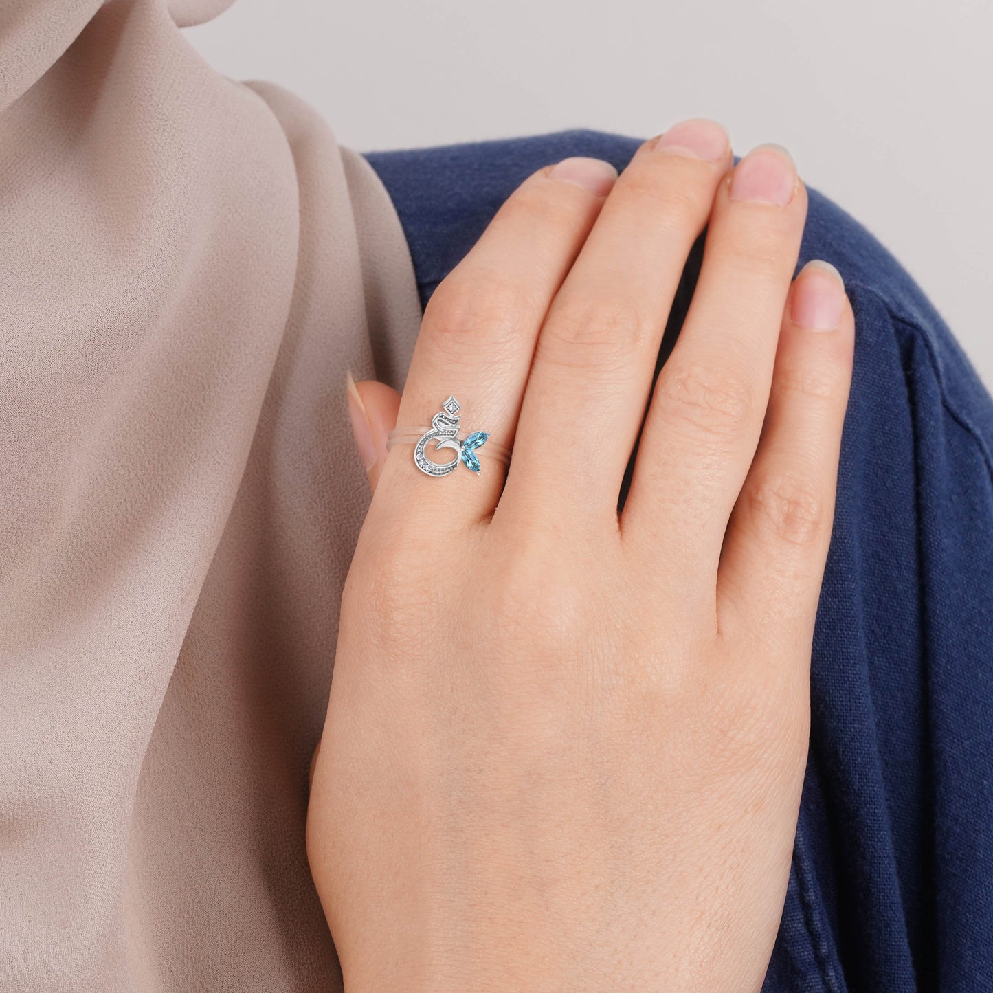 18K Gold Ring "Ghayn" Letter with Natural Diamonds and Gemstones - Floats Collection