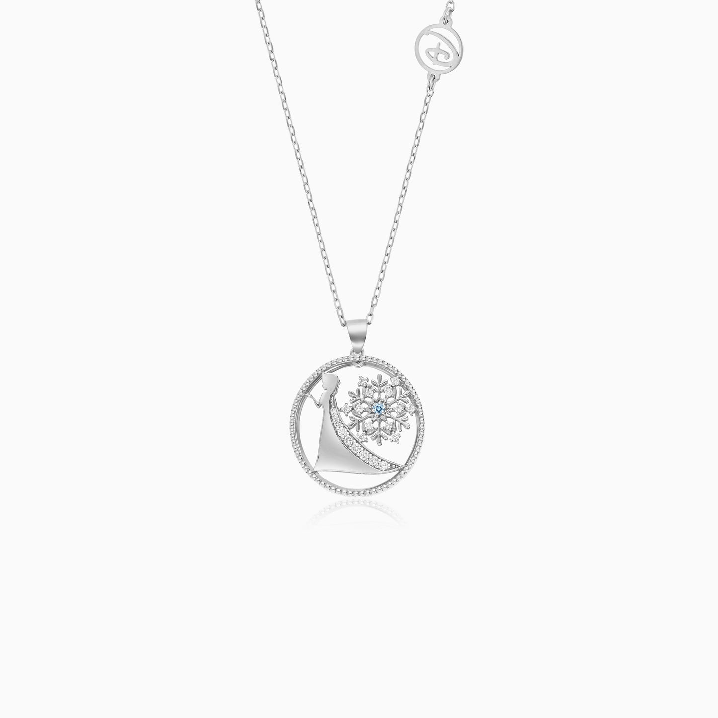 Disney Frozen- Elsa & Snowflake Necklace in 18k White Gold with Diamonds and Blue Topaz