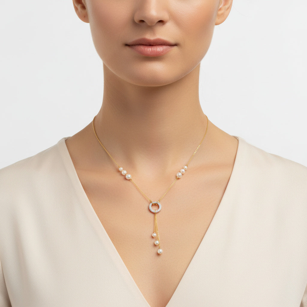 Elegant Pearls and Zircon Dangle Necklace in 18k Yellow Gold | Danah Collection