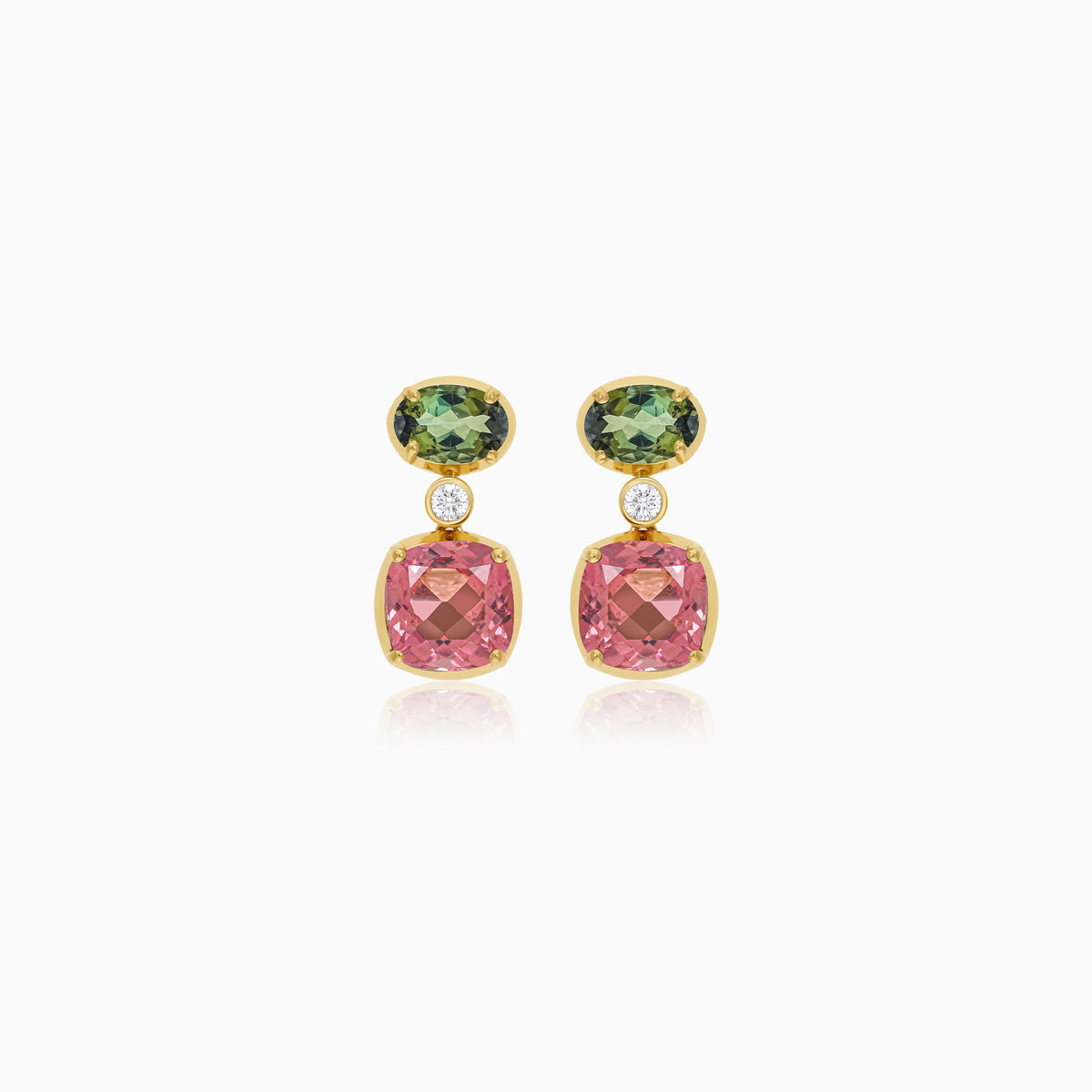 Filo 18k yellow gold drop earrings with natural diamonds and green and pink gemstones by Jawhara Jewellery