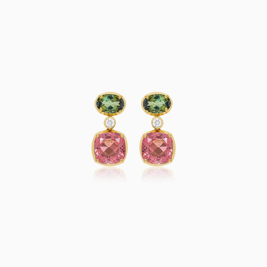Filo 18k yellow gold drop earrings with natural diamonds and green and pink gemstones by Jawhara Jewellery