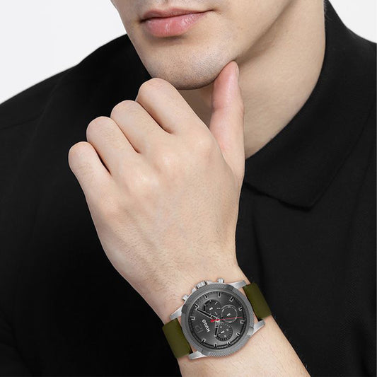 Hugo Watch Quartz movement in a Round case with Green Leather Strap and Grey Dial