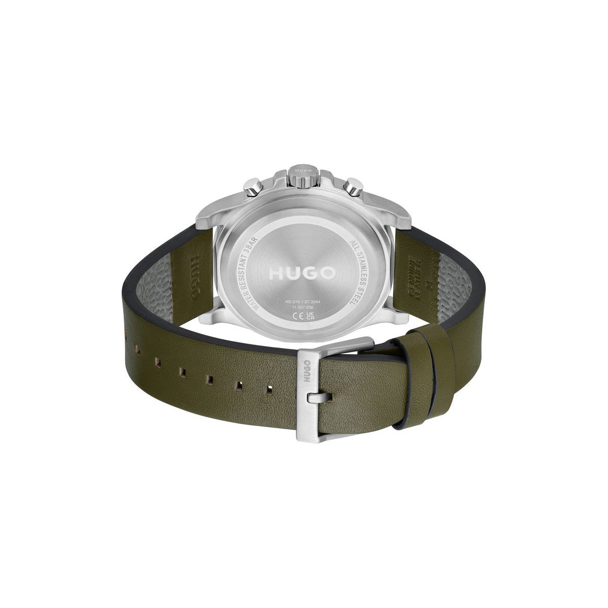 Hugo Watch Quartz movement in a Round case with Green Leather Strap and Grey Dial