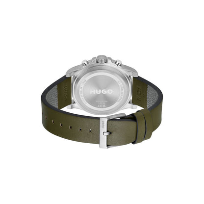 Hugo Watch Quartz movement in a Round case with Green Leather Strap and Grey Dial
