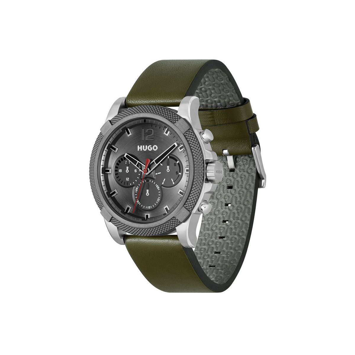 Hugo Watch Quartz movement in a Round case with Green Leather Strap and Grey Dial