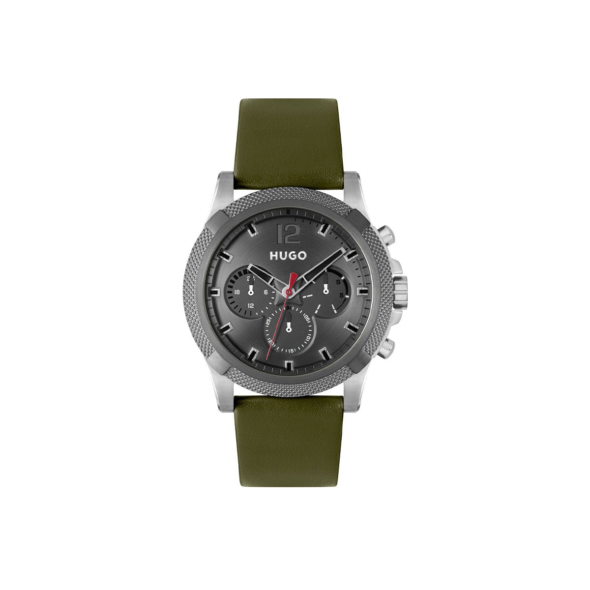 Hugo Watch Quartz movement in a Round case with Green Leather Strap and Grey Dial