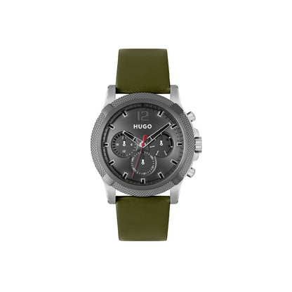 Hugo Watch Quartz movement in a Round case with Green Leather Strap and Grey Dial